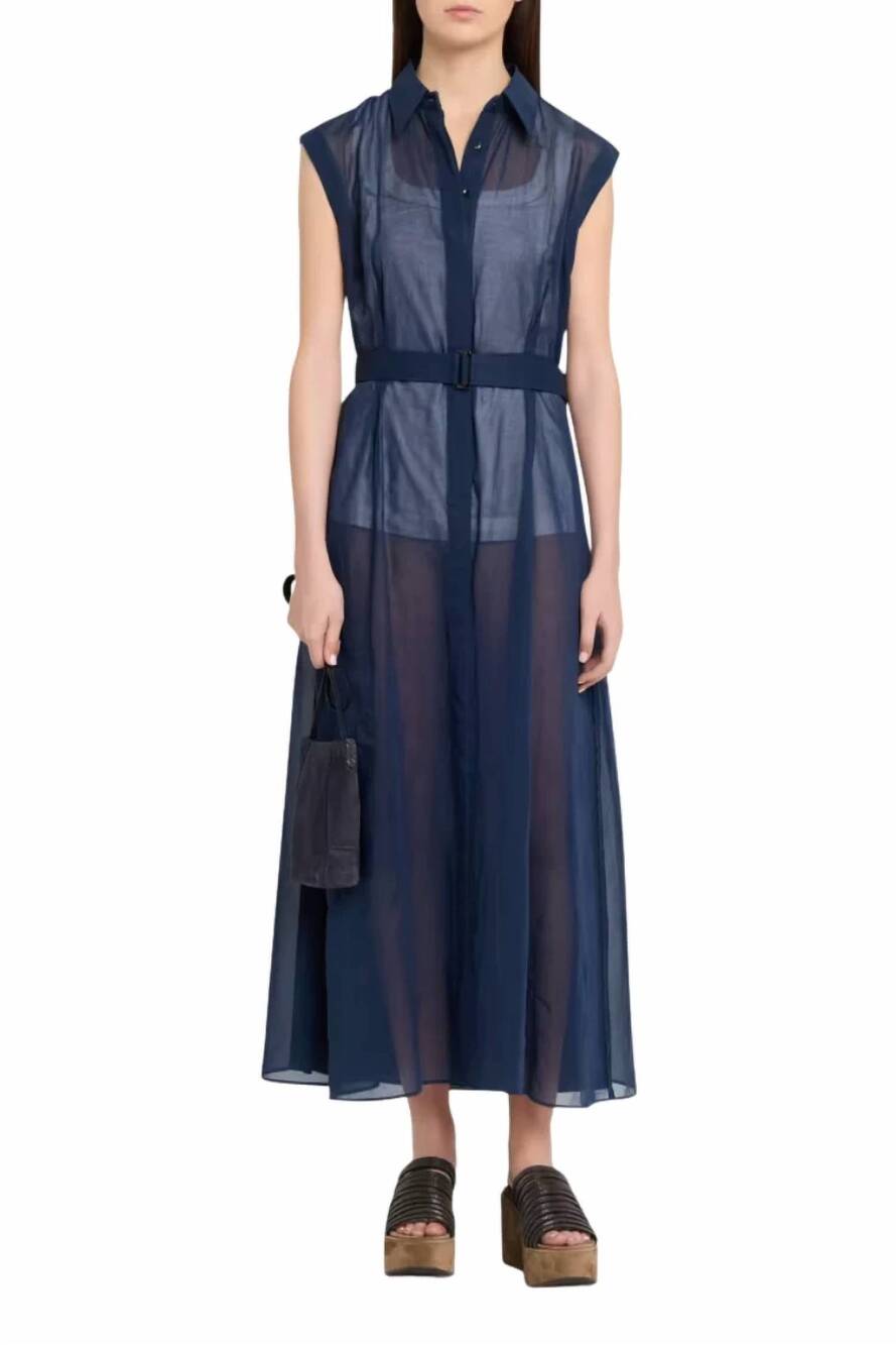 NEW BRUNELLO CUCINELLI organza belted midi shirtdress in navy